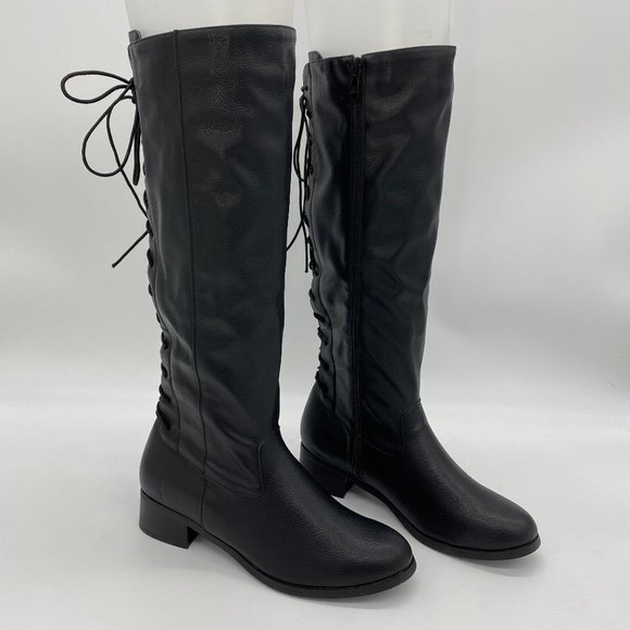 Shoes - Black Almond Toe Stacked Block Heel Lace Up Boots